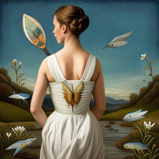 Surreal Collage of Woman, Fish, and Mirror