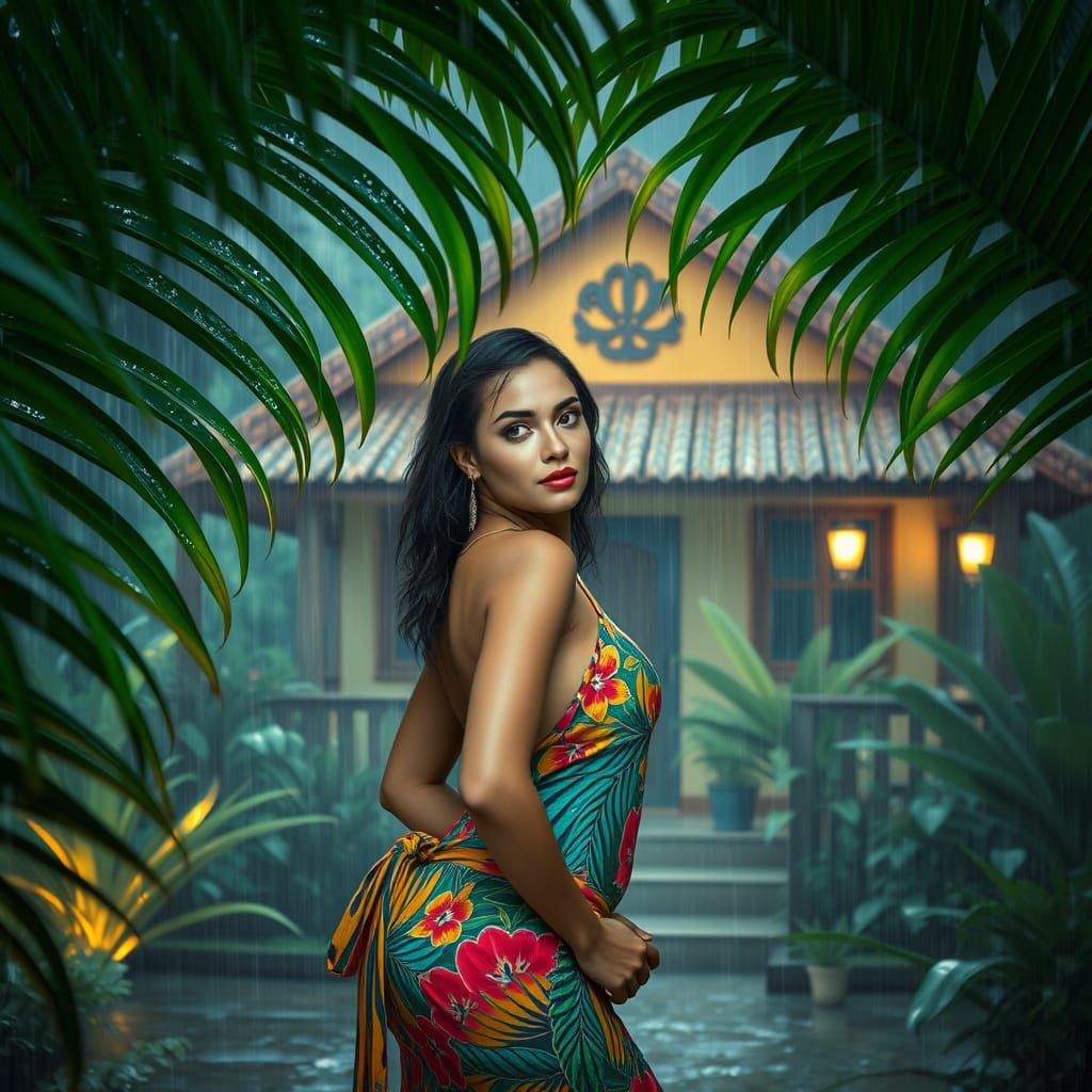 Exotic Woman in Tropical Rain, Cinematic Matte Painting