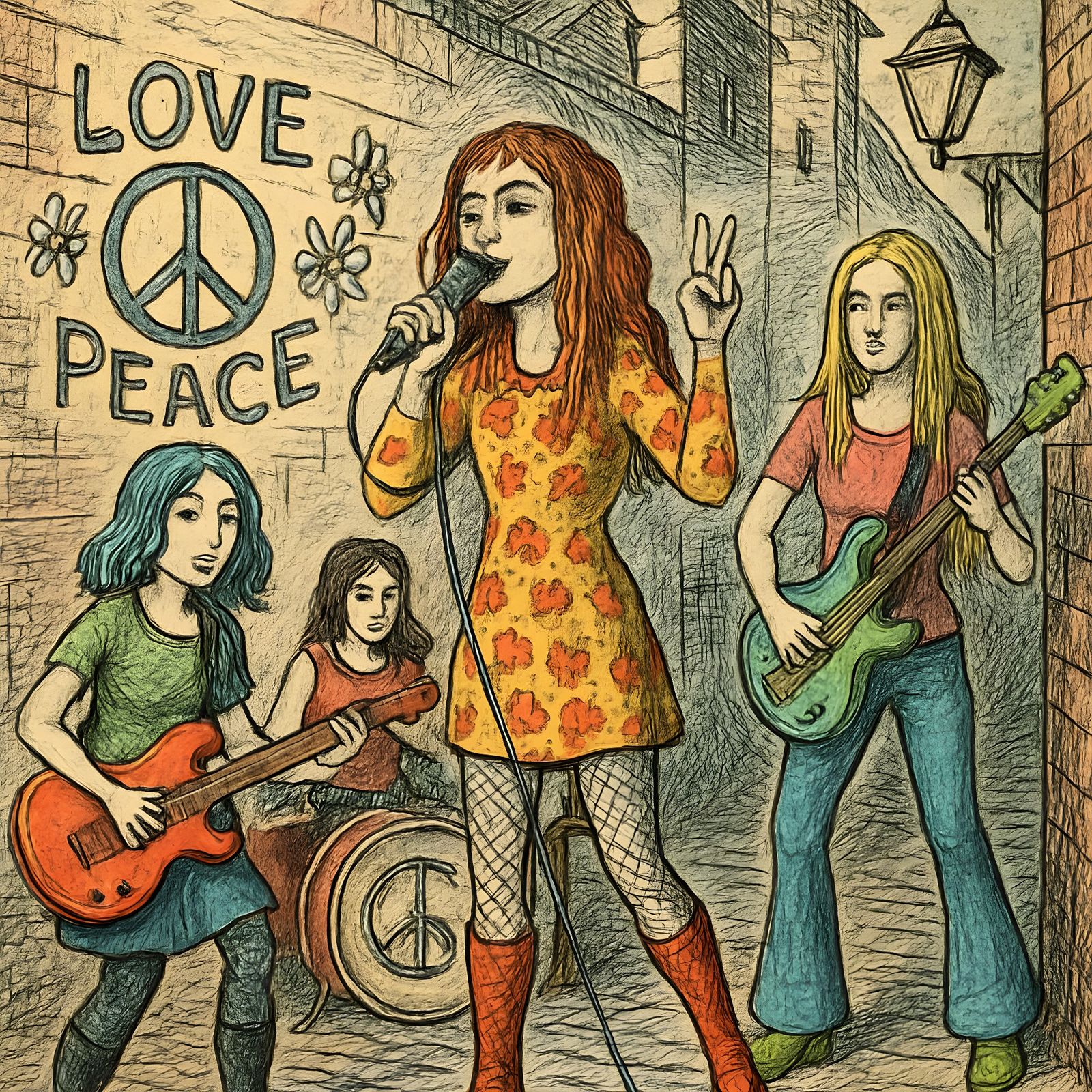 Vibrant Girl Group in Alley, a Celebration of Love and Peace