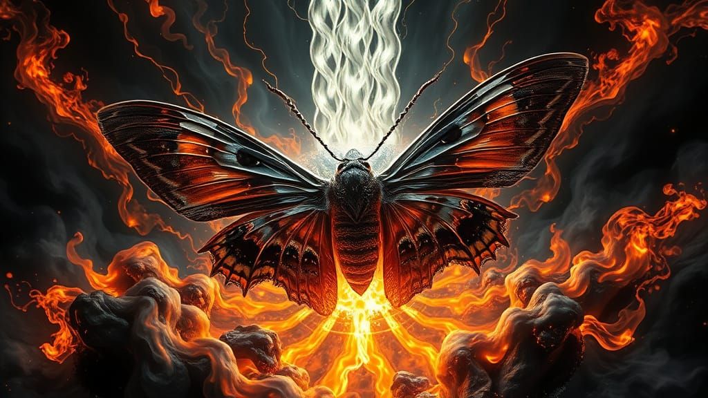 Bioluminescent Lunar Moths Swirl Around Black Flame Crystal