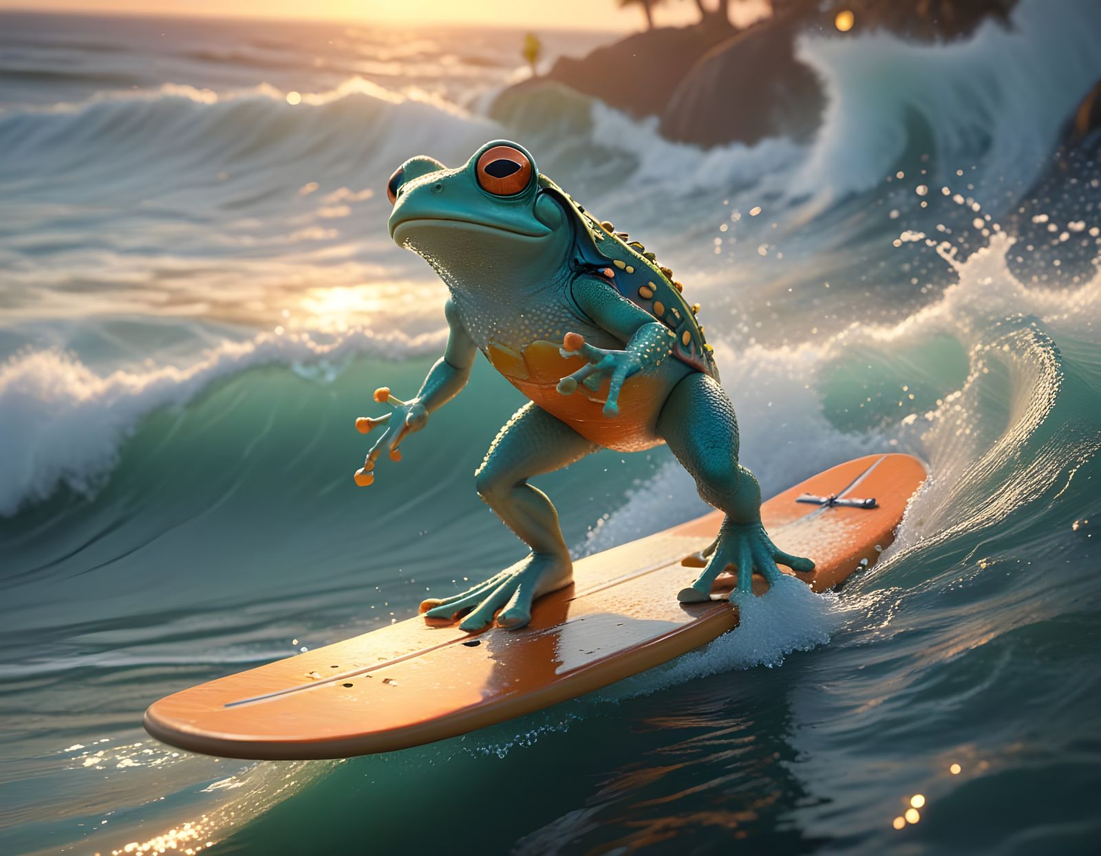 Anthropomorphic Frog Rides Sunset Wave in Vibrant CGI Scene