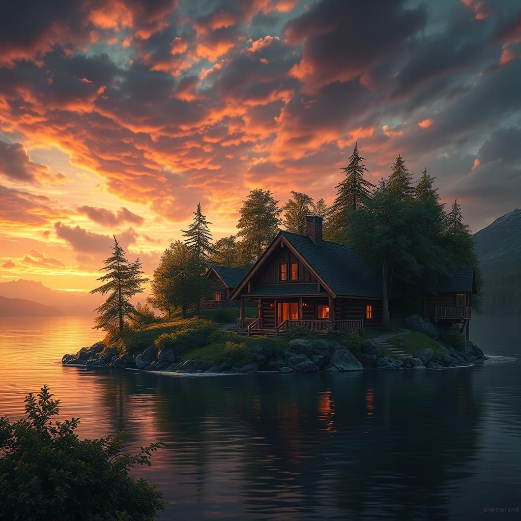 Cozy Island Cabin at Epic Sunset | Digital Matte Painting