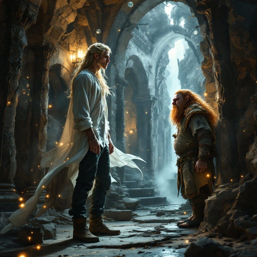 Ethereal Elf and Gruff Dwarf in Gondor's Split Apartment