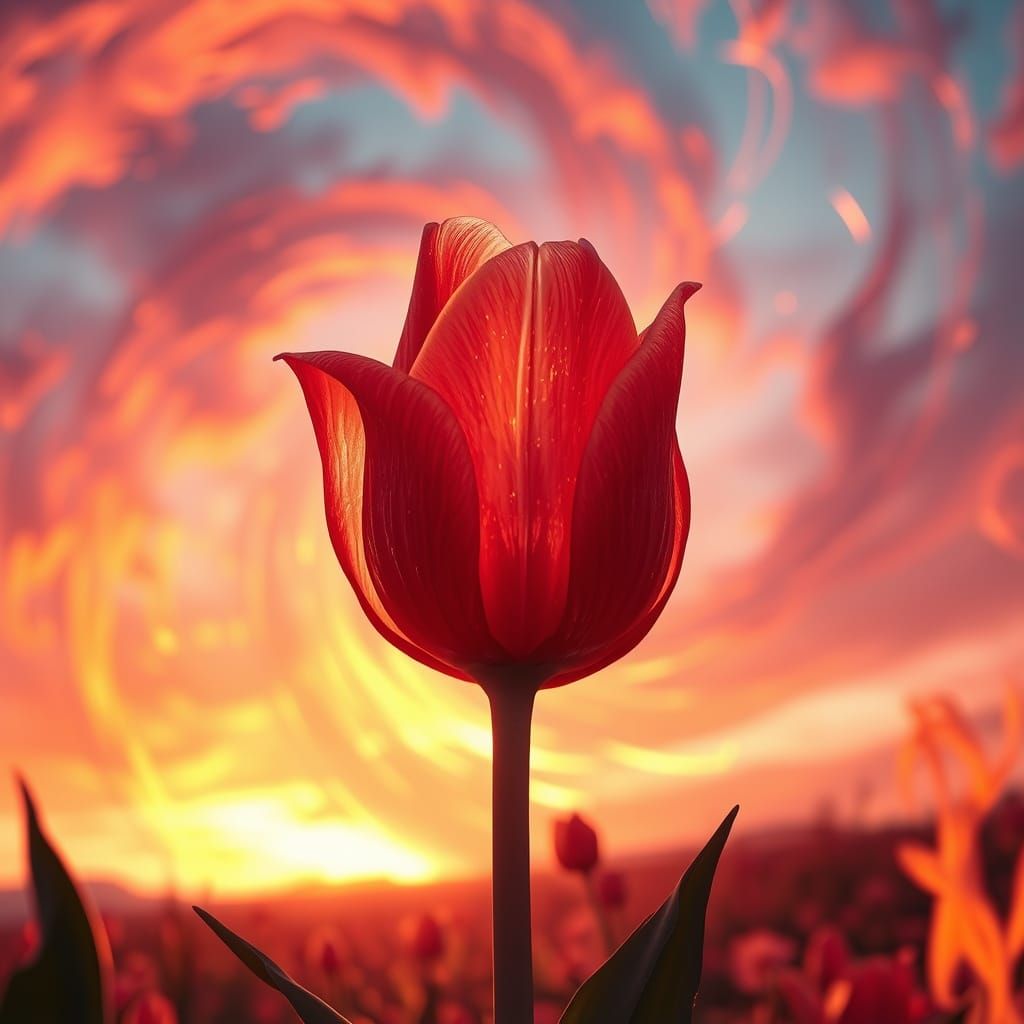 Ethereal Tulip Blooms Amidst Cosmic Flames in a Surreal Suns...
