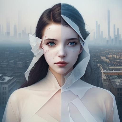 Woman and Dystopian Cityscape in Double Exposure