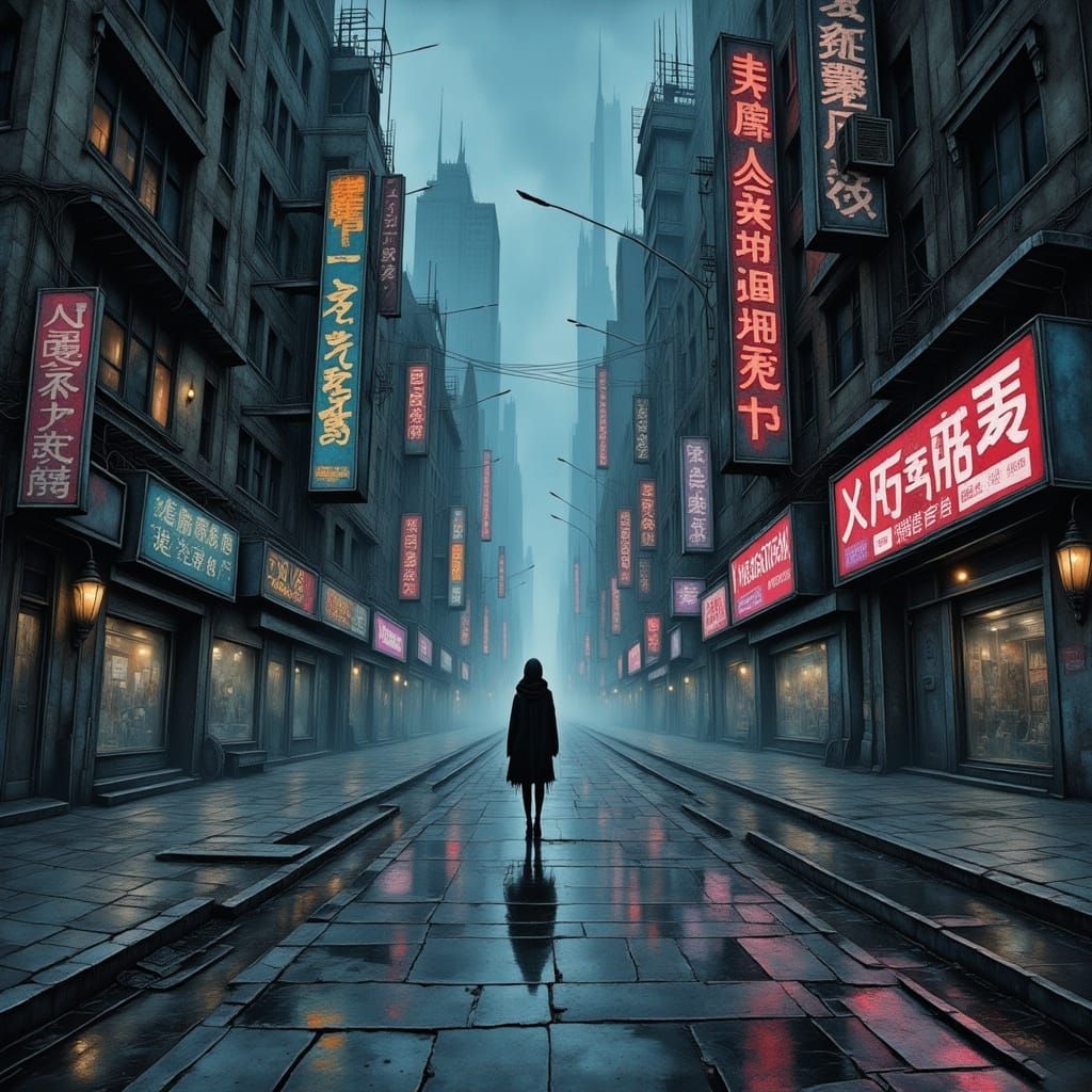 Dystopian City Street with Lone Skimmer in Cyberpunk Style