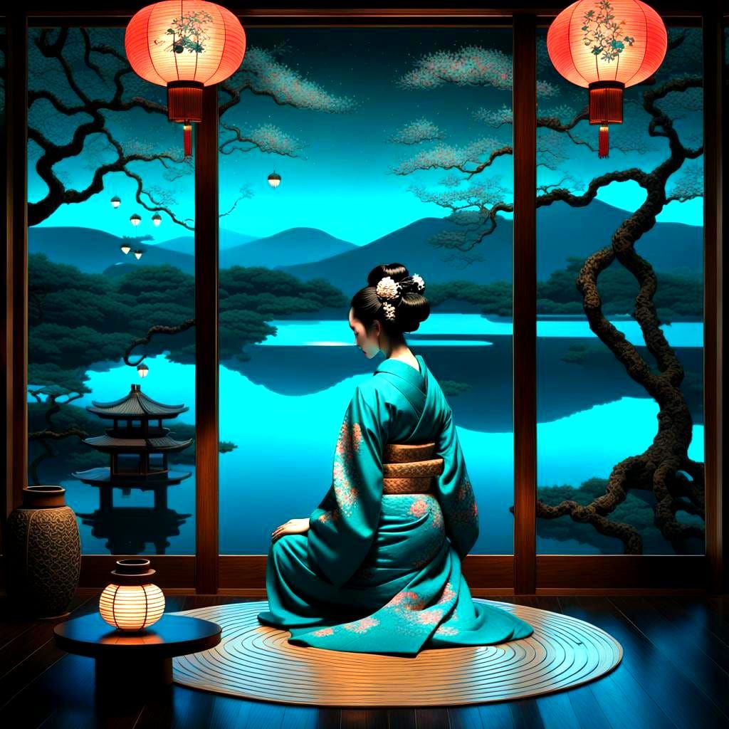 Bioluminescent Geisha in Tea Room with Lake View