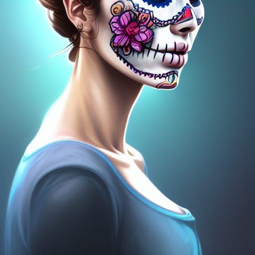 Detailed Sugar Skull Portrait in Digital Art Style