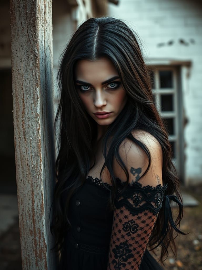 Gothic Woman with Blue Eyes in Hyperrealistic Photo