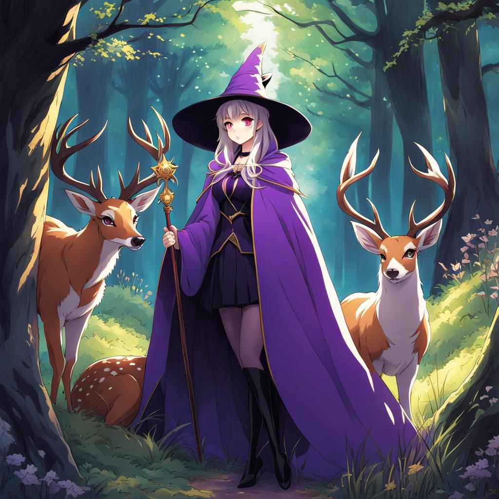 Anime Style Witch with Deer in Purple Cloak