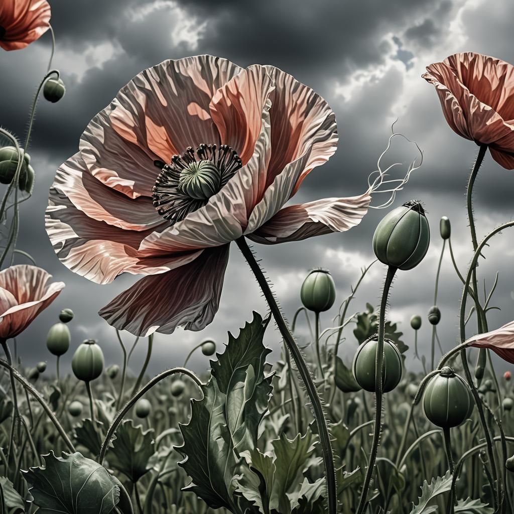 Wind Bends a Poppy in an Atmospheric Illustration