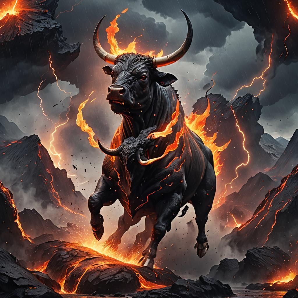 Fiery Bull Amidst Volcanic Eruption Concept Art