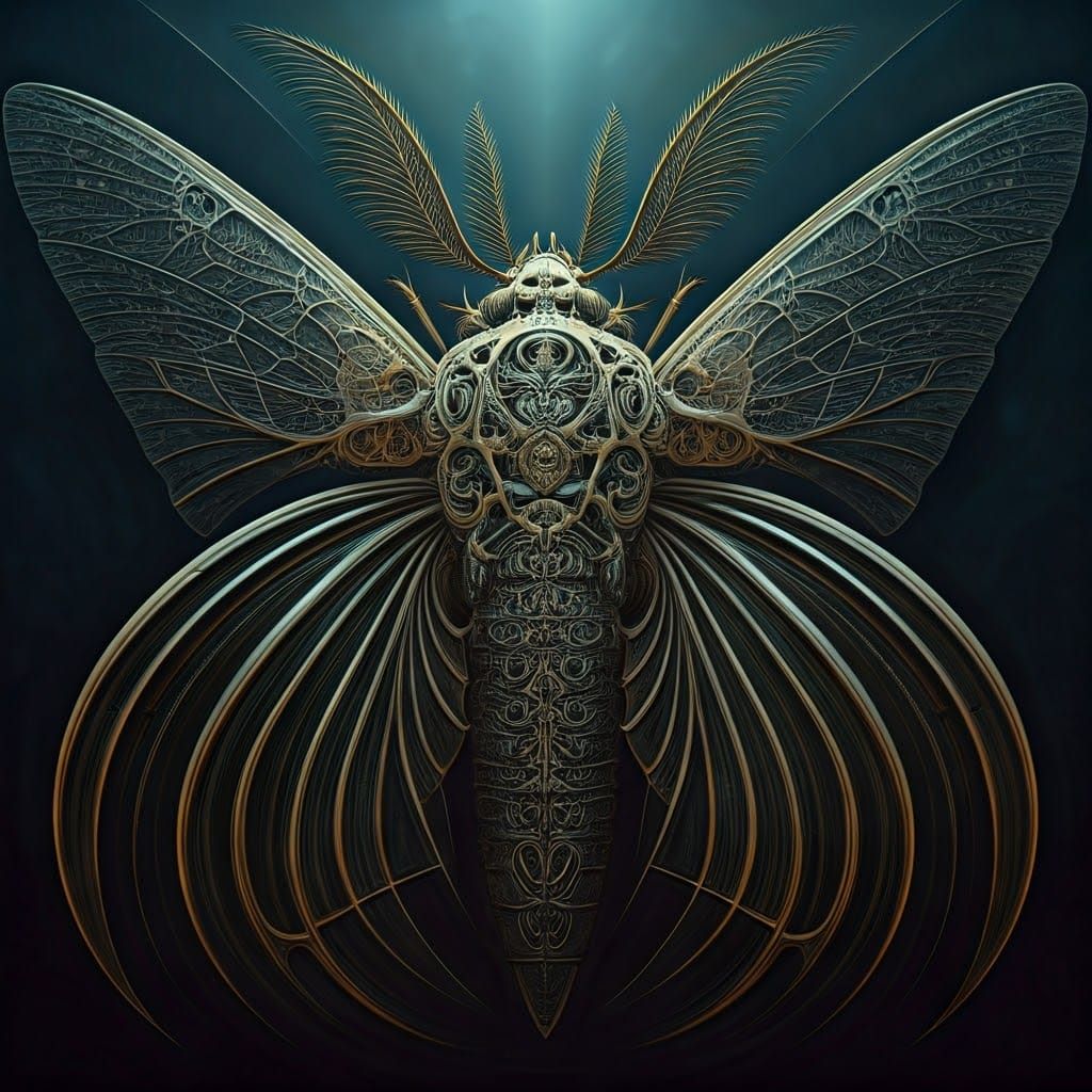 Biomechanical Deathhead Moth in Dark, Ethereal Dreamscape