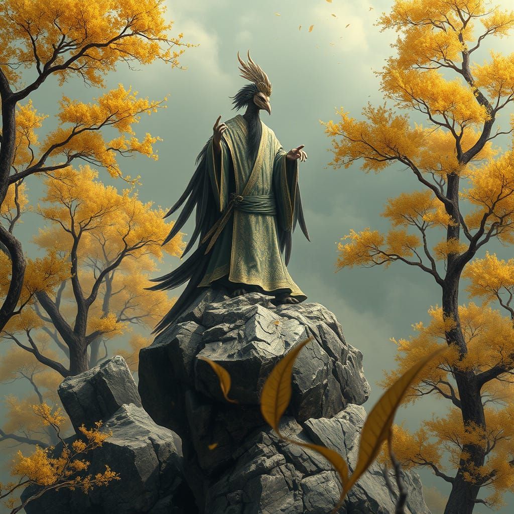 Mystical Tengu Amidst Golden Trees in Whimsical Windswept La...
