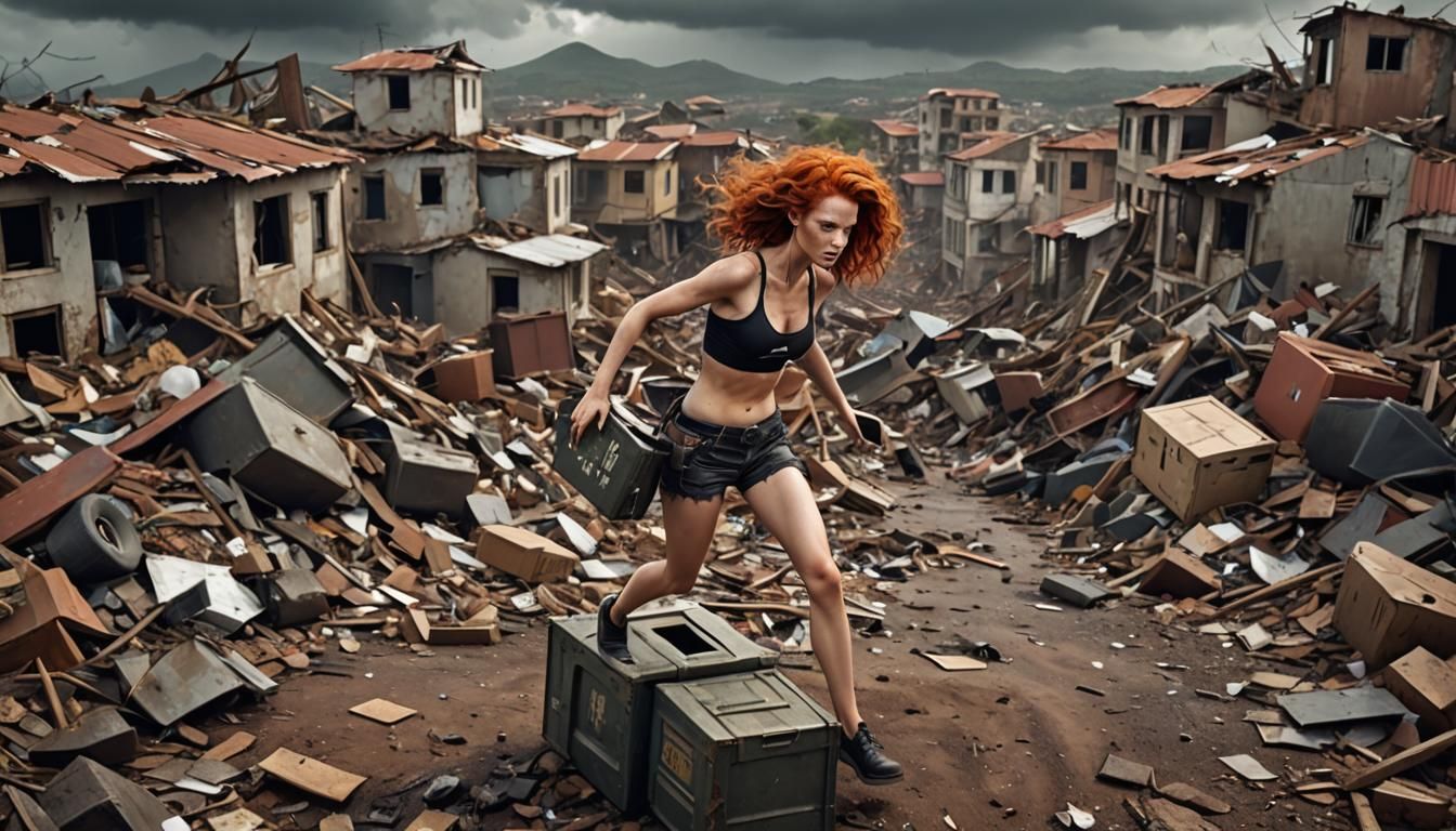 Red-Haired Woman in Waste Landscape: 3D Game Art
