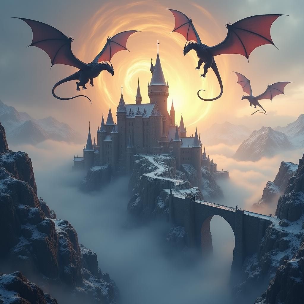 Majestic Wyverns Soar Above Mountain Castle
