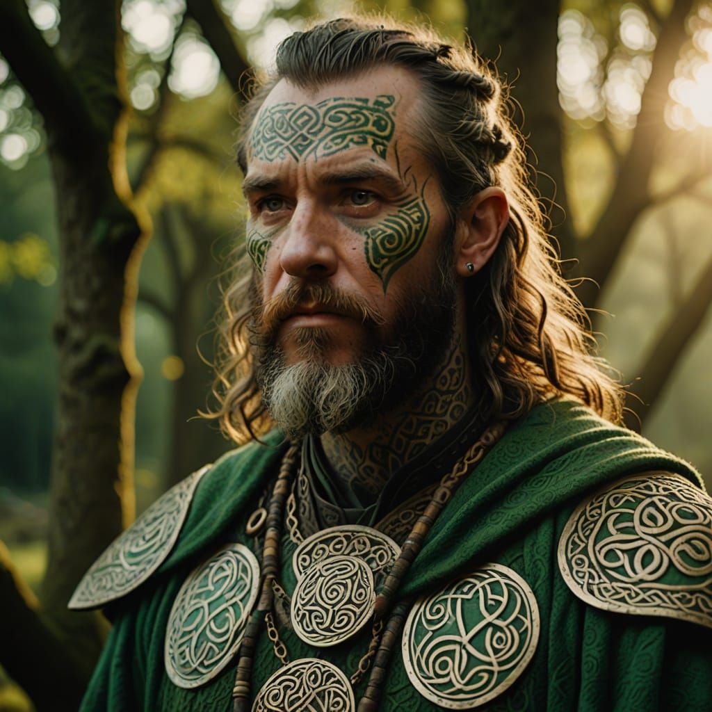 Hyperrealistic Portrait of an Irish Druid with Tattoos