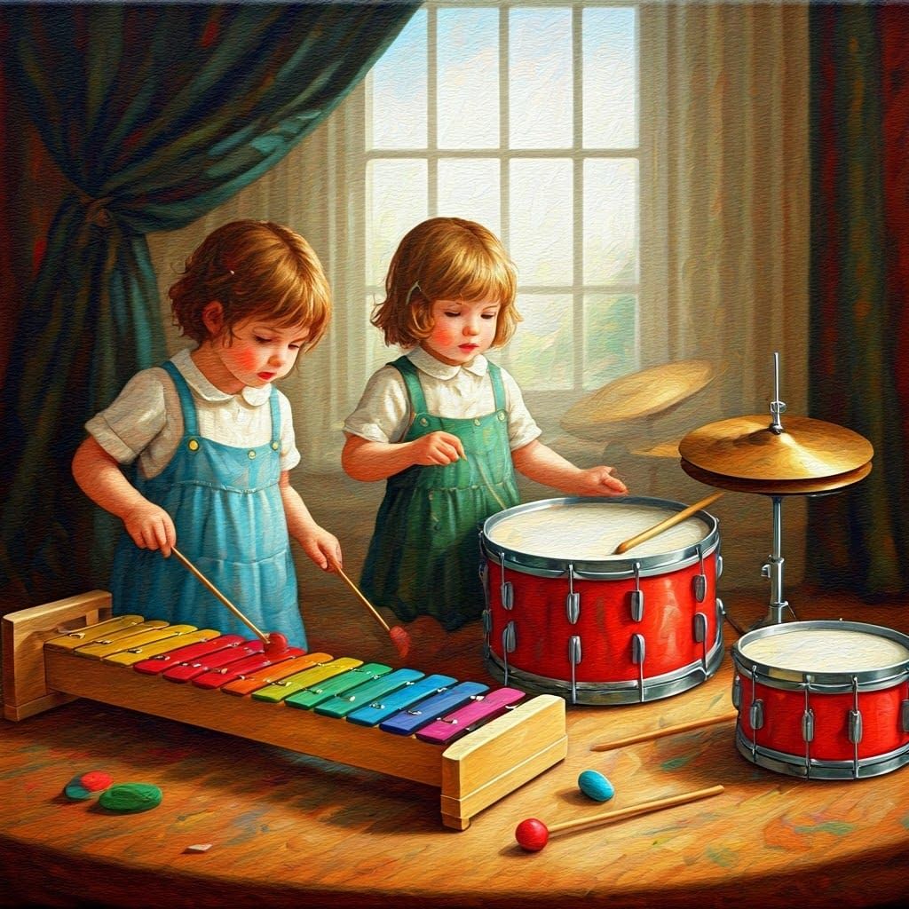 Children Playing Musical Instruments in Oil Painting Style