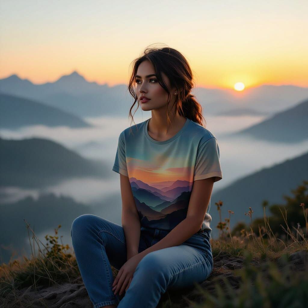 Woman on Hillside at Dawn in Ethereal Backlighting