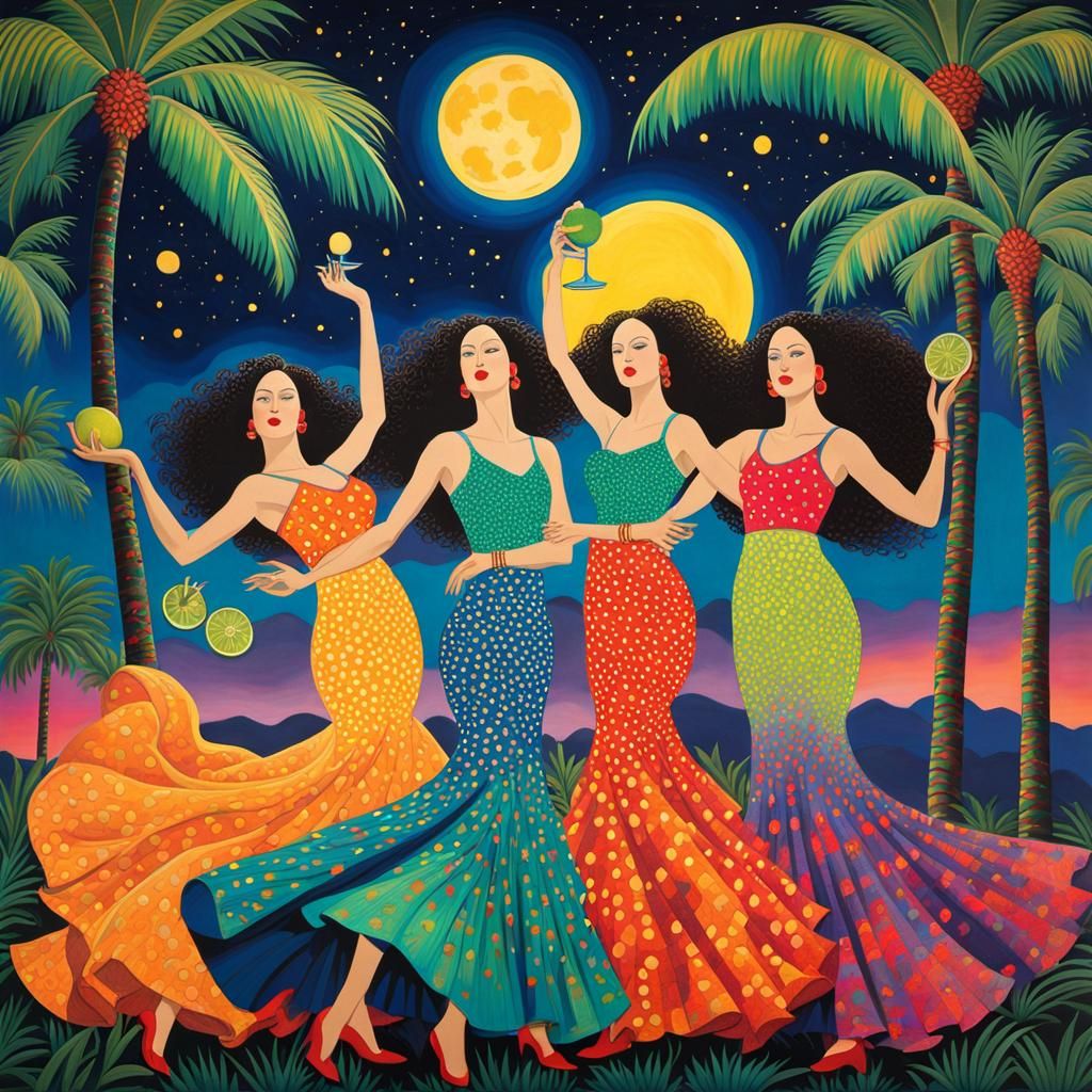 Dancing Women with Margaritas in Klimt-Kusama Style