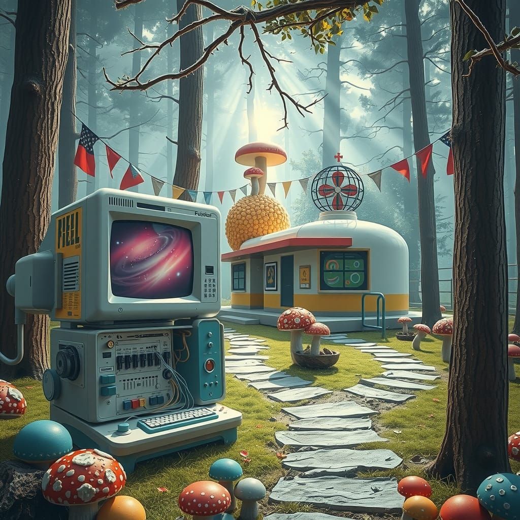 Surreal Forest Computer Next to Chewing Gum House