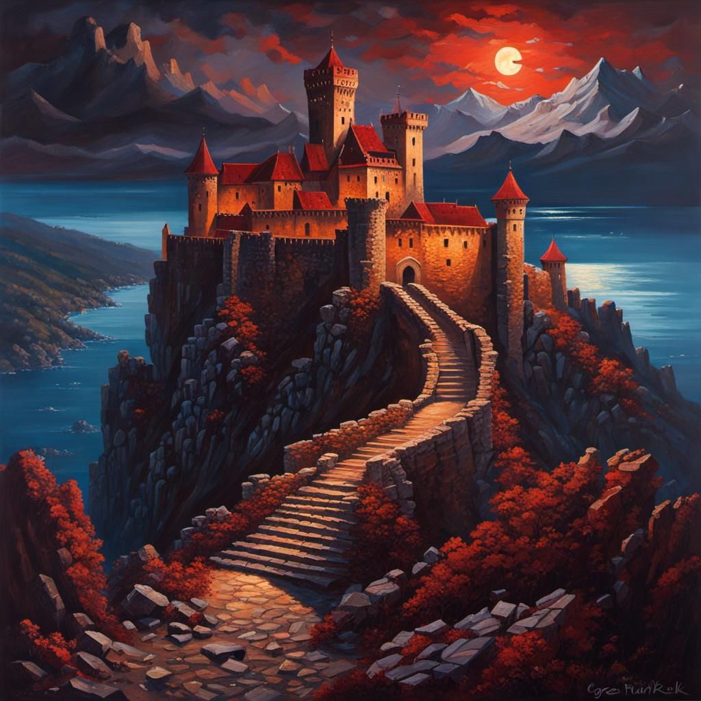 Castle Dracula Ruins at Night, Greg Rutkowski Style