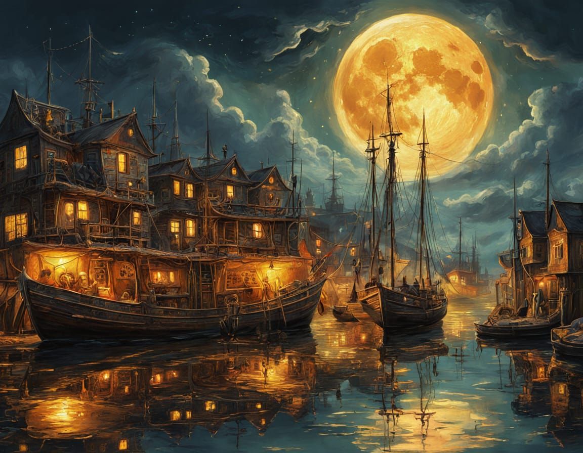 Haunting Ghost Ship in Surreal Harbor Scene