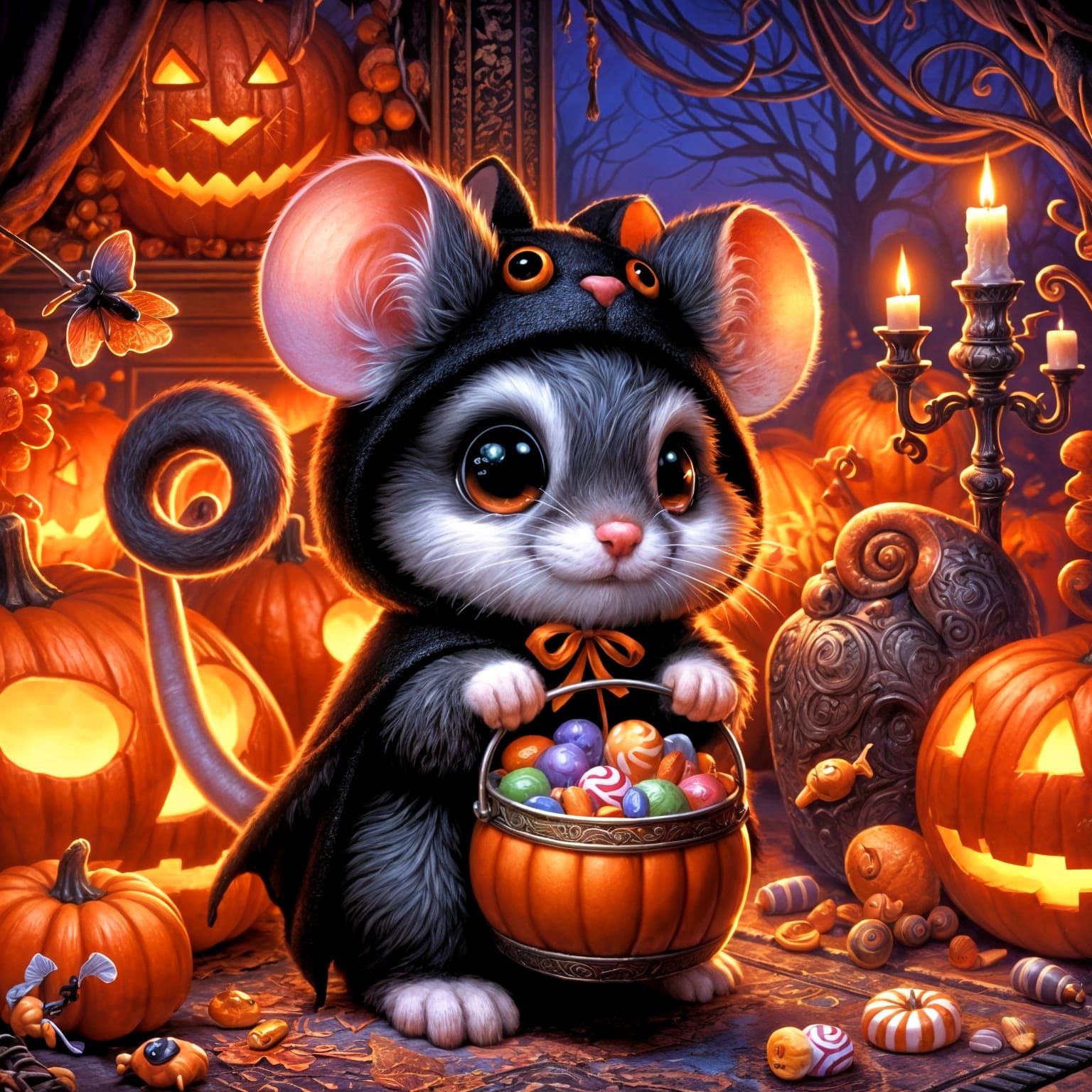 Mouse with scary cat costume. Happy Halloween! 🎃
