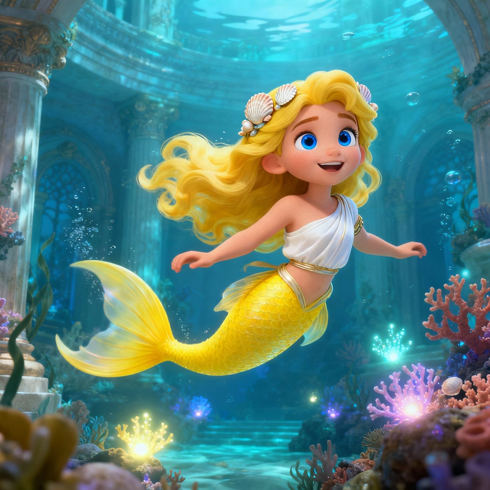 Mermaid Thetis Swims in Underwater Palace in 3D Cartoon Styl...