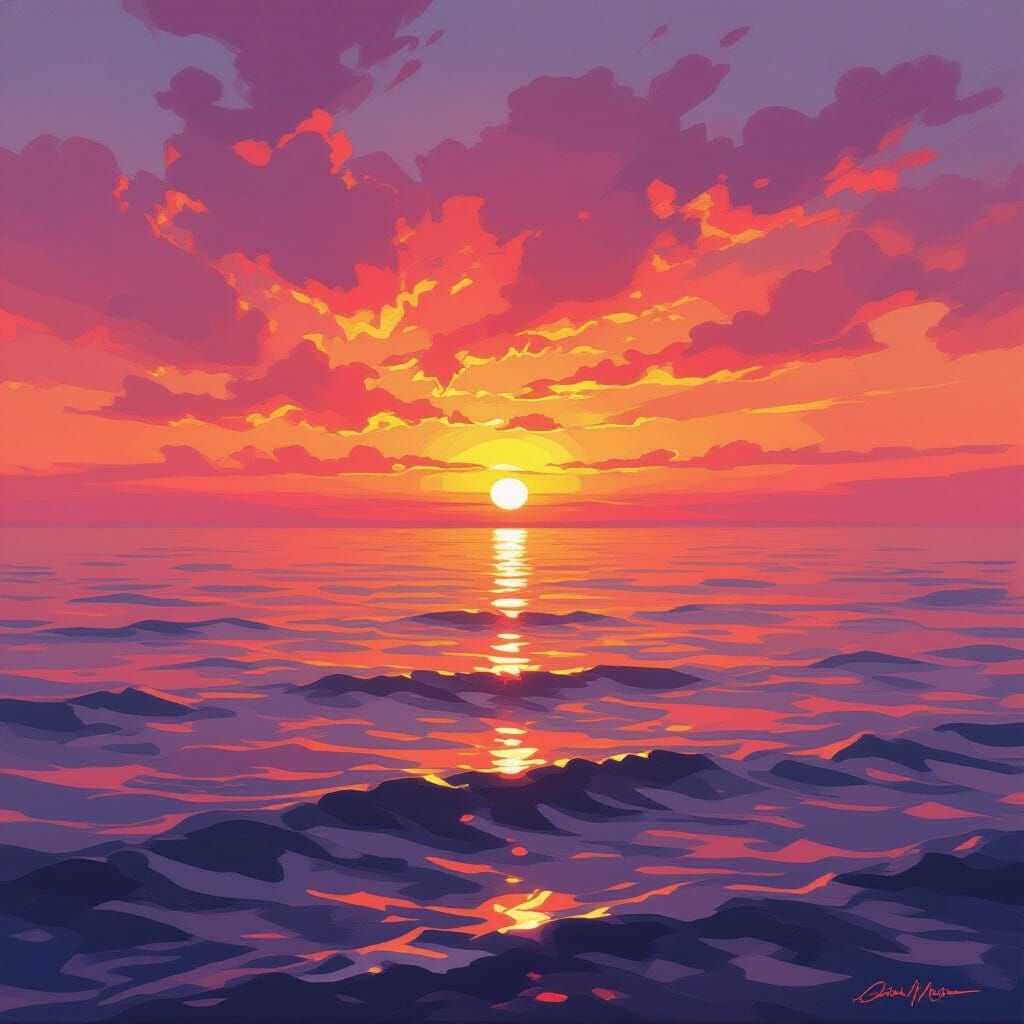 Vibrant Sunset Over Tranquil Ocean in Oil Painting Style