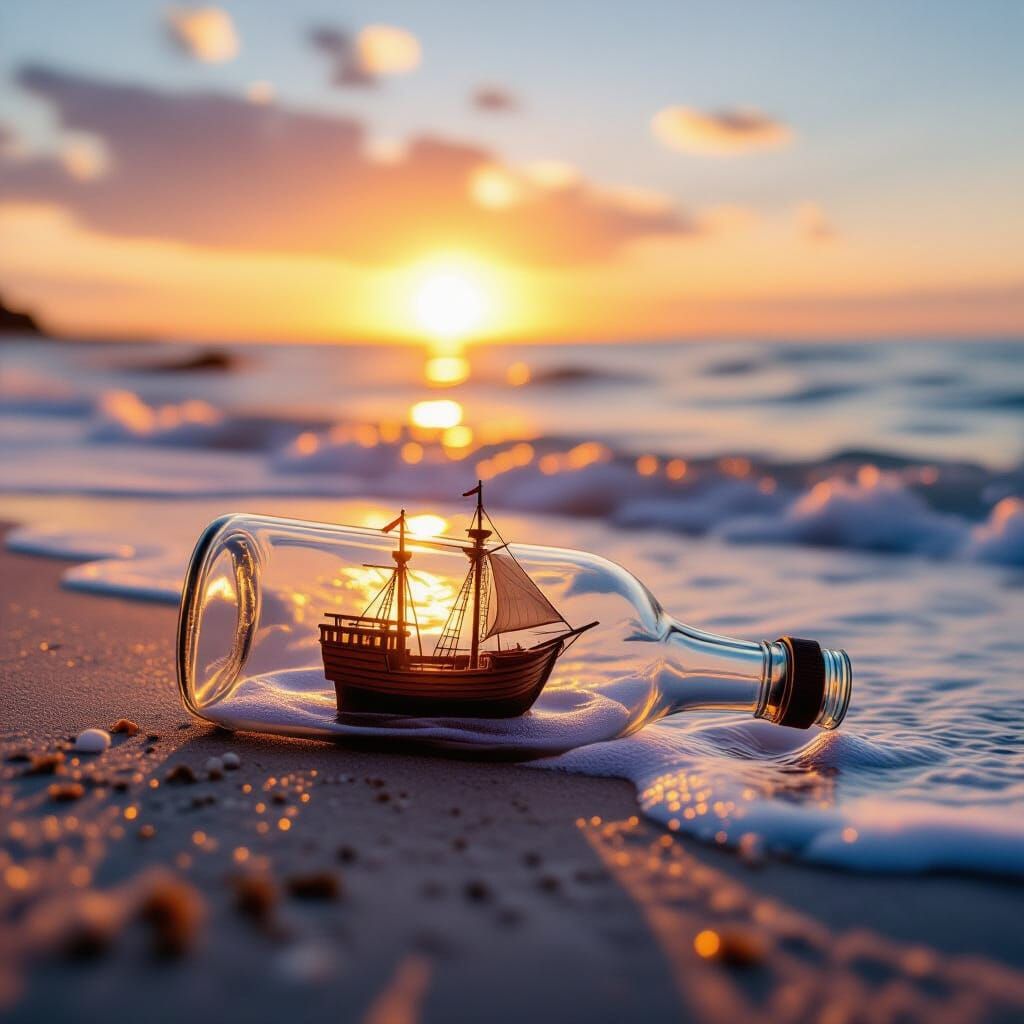 Glass Bottle With Ship on Beach at Sunset