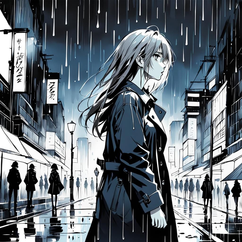 Anime Girl in Rain: Melancholy Ink Sketch