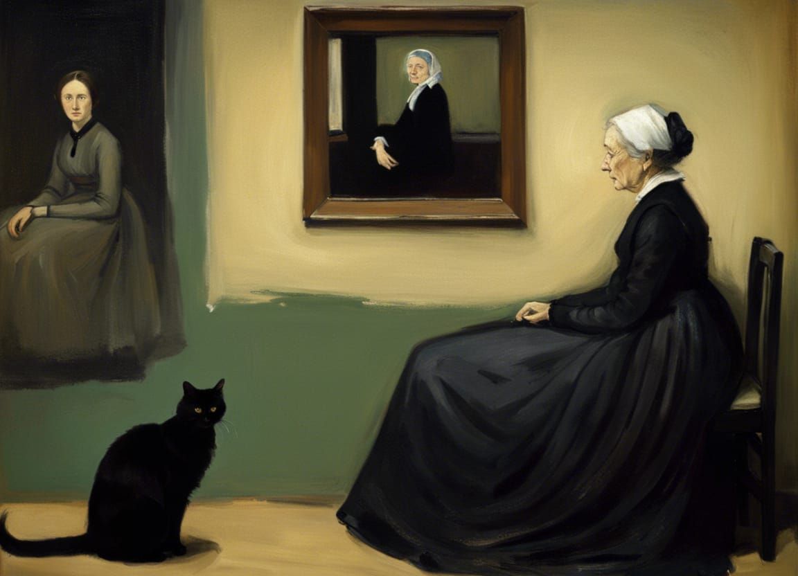 Whistler Style: Mother and Black Cat Portrait