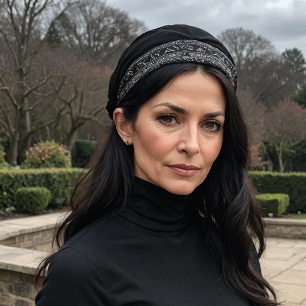 Elegant Woman with Tichel in Backyard