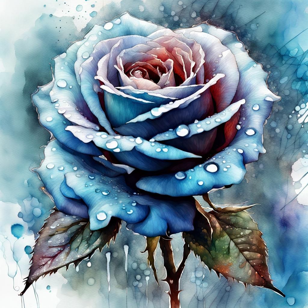 Icy Blue Rose with Morning Dew, Watercolor Art