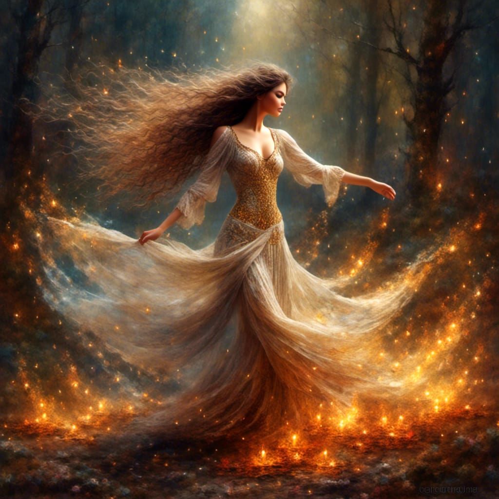 Enchanting Gypsy Woman Dancing in Forest Campfire