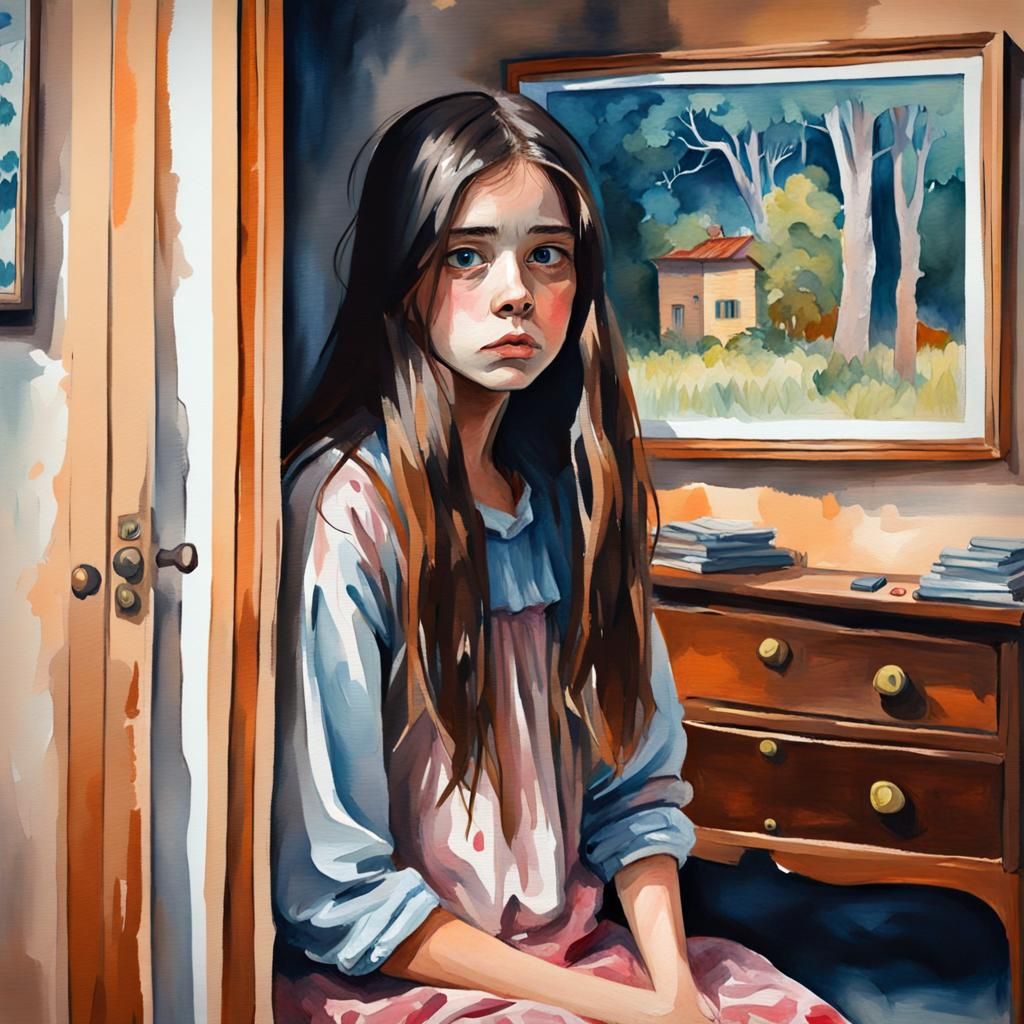 Scared Girl Hiding: Gouache Impressionist Painting