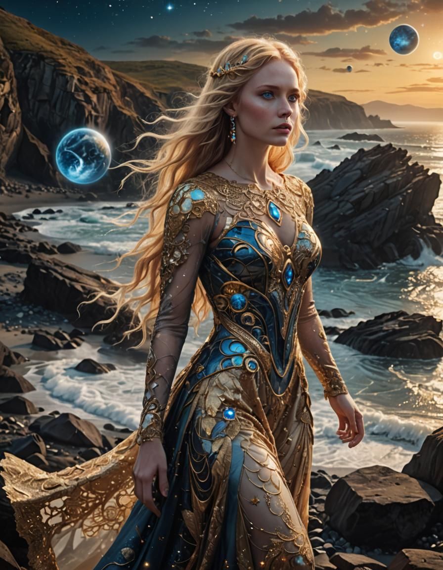 Golden Woman on Rocky Beach in Dark Fantasy Style