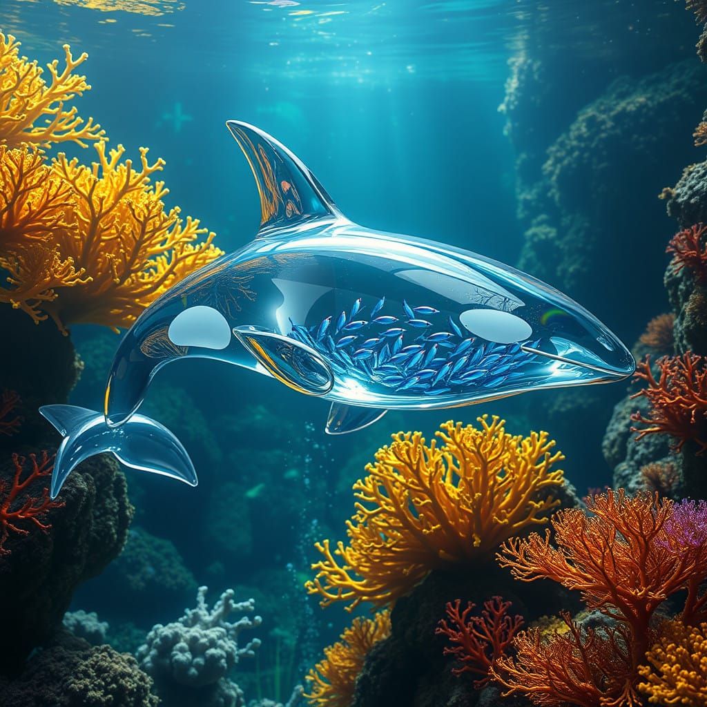 Majestic Glass Orca Glides Through Vibrant Coral Reef
