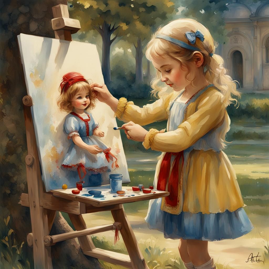 Girl Painting a Doll in Parc, Slavicek Style
