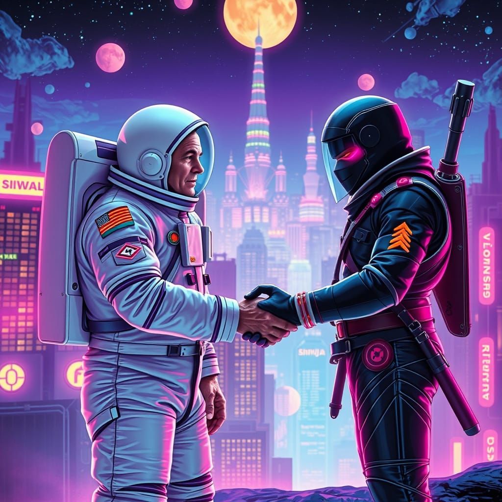 Astronaut John Glenn Meets Future Ninja in Synthwave City