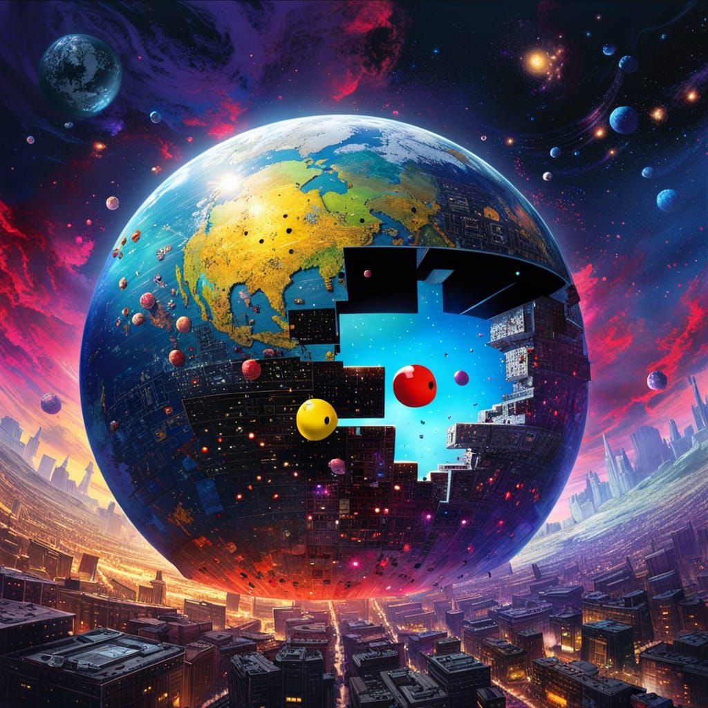 Earth Eats Pac-Man in Colorful Galaxy