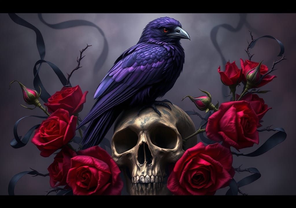 Purple Raven on Skull with Roses, in Dieselpunk Style