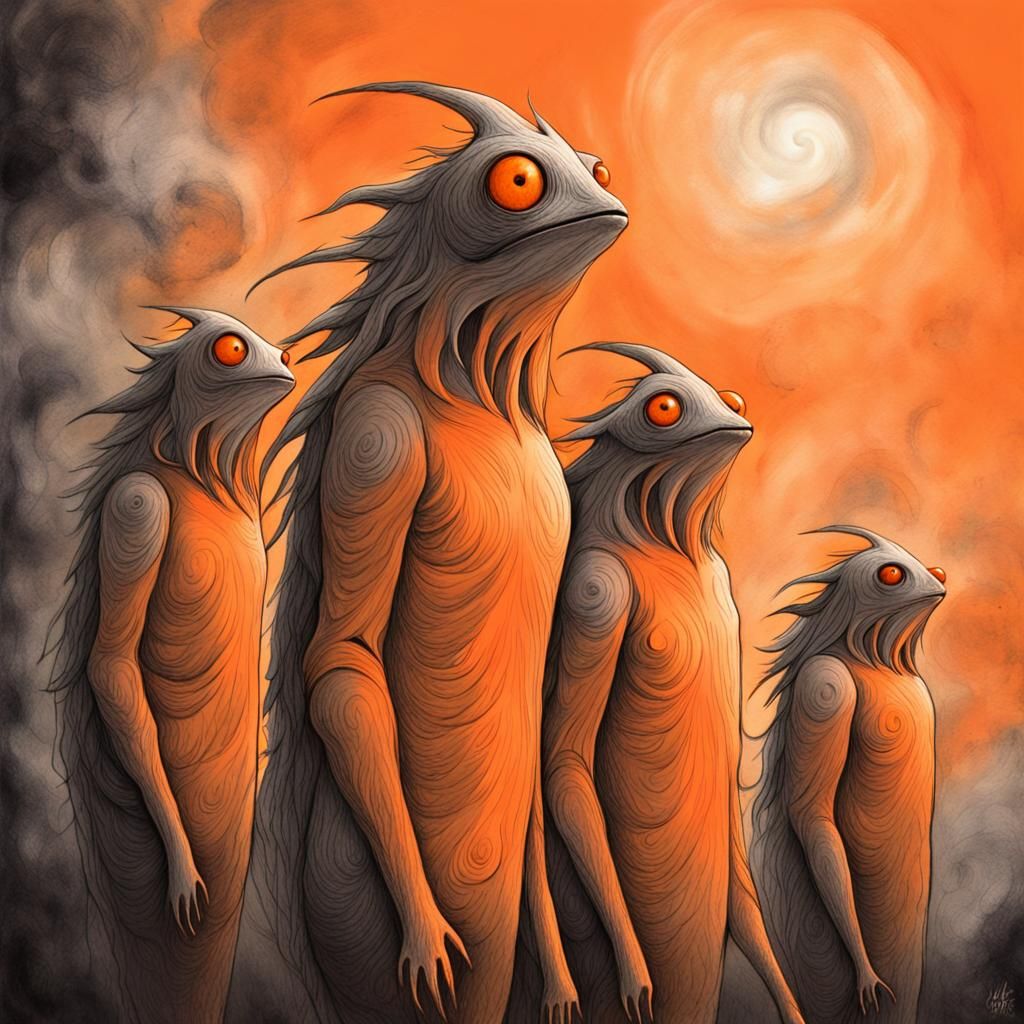 Surreal Orange Monstrosities in Dark Fantasy Landscape