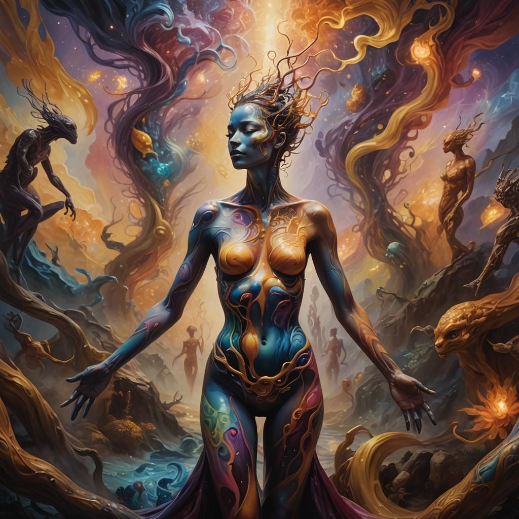 Evolution Body Art in Surreal Landscape