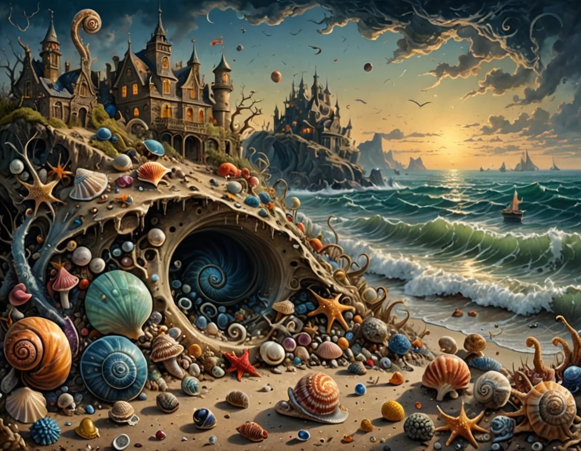 Surreal Shore Landscape with Exotic Sea Creatures