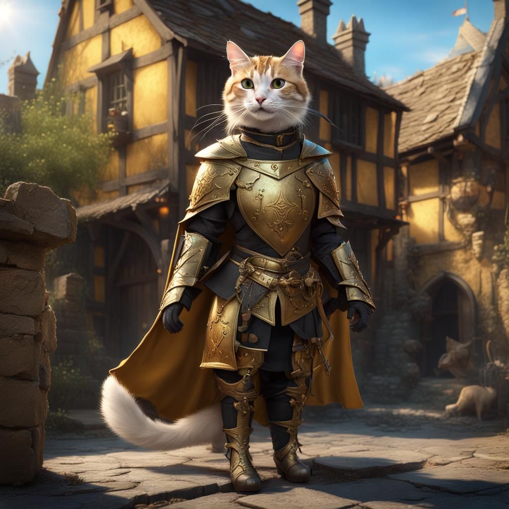 Cat Knight in Medieval Village: Fantasy Art