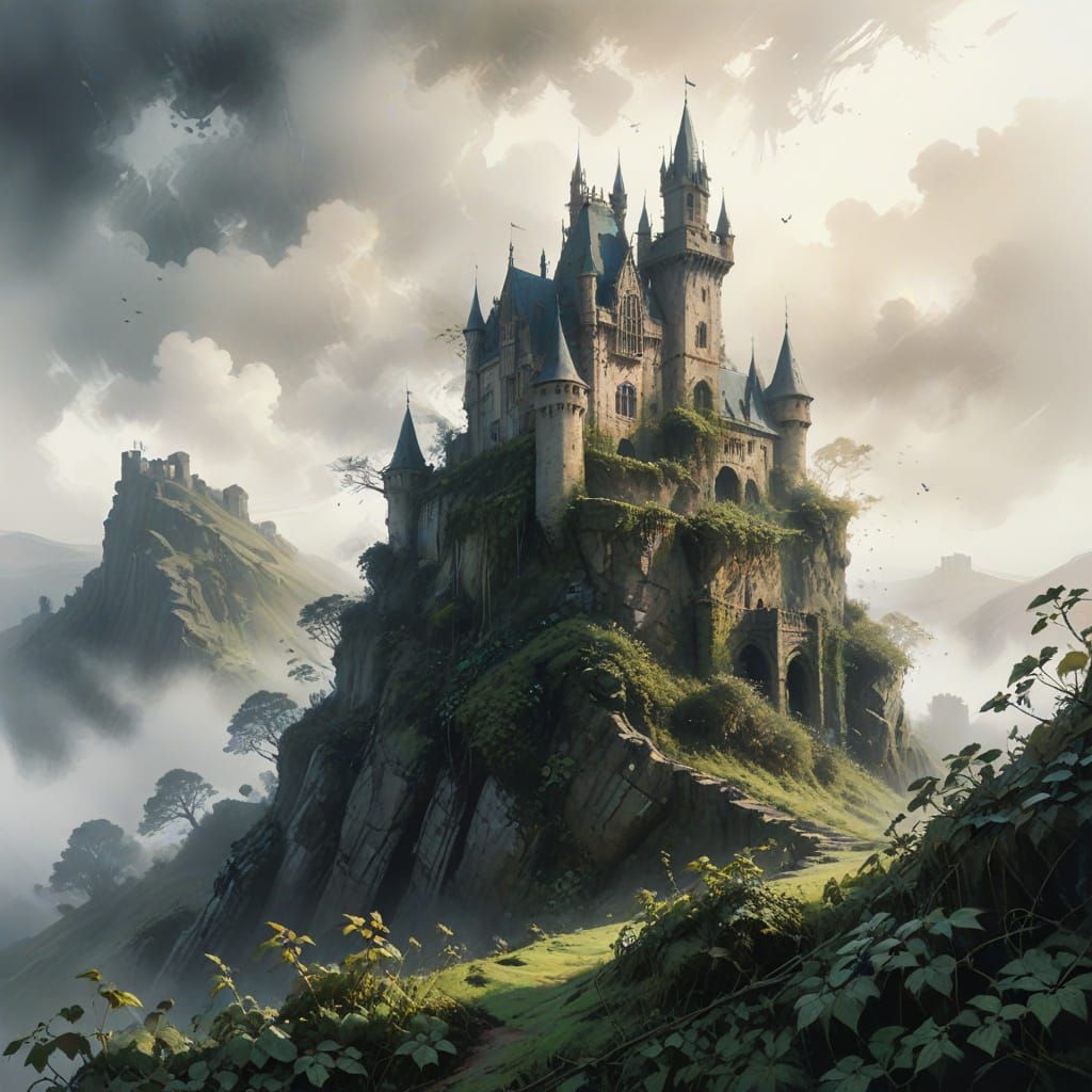 Ancient Castle Veiled in Misty Ivy