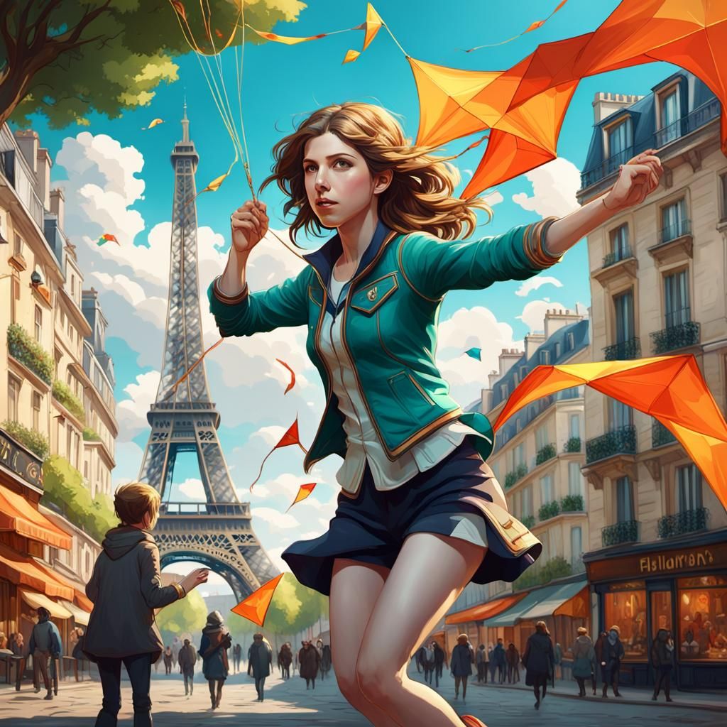 Woman Flying Kite in Paris, Artstation Style