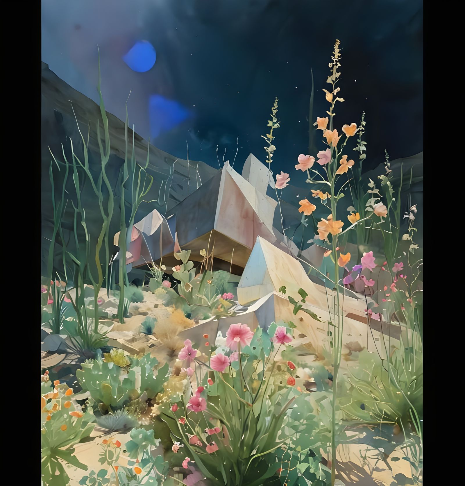 Geometric Abstract Watercolor of Minimalist Sculpture Garden...